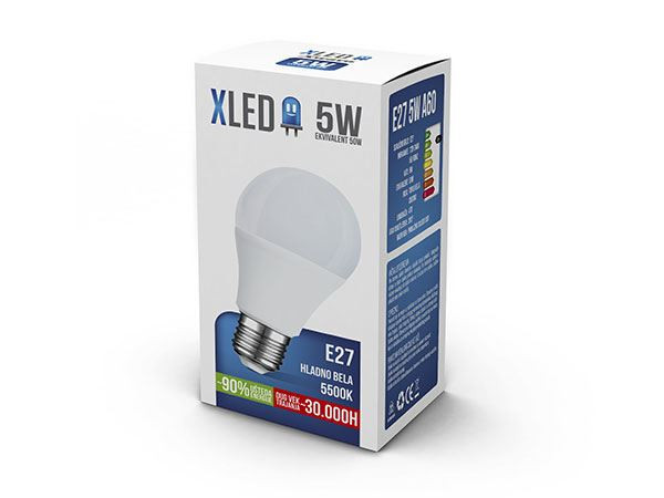 XLED Sijalica, E27 - 5W, 220V, Hladno Bela, 5500K, 490Lm