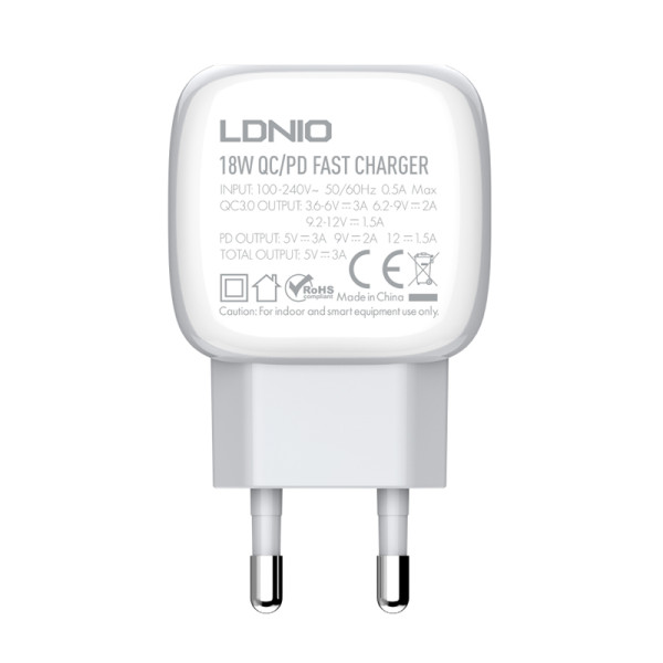 Kucni punjac LDNIO A2313C USB + PD 20W lightning beli