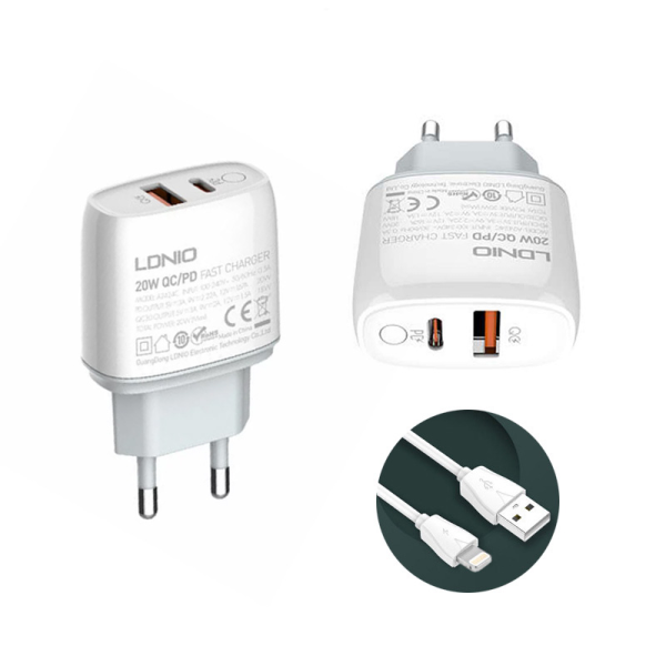 Kucni punjac LDNIO A2424C, PD 20W QC3.0 18W, sa IPhone lightning kablom beli