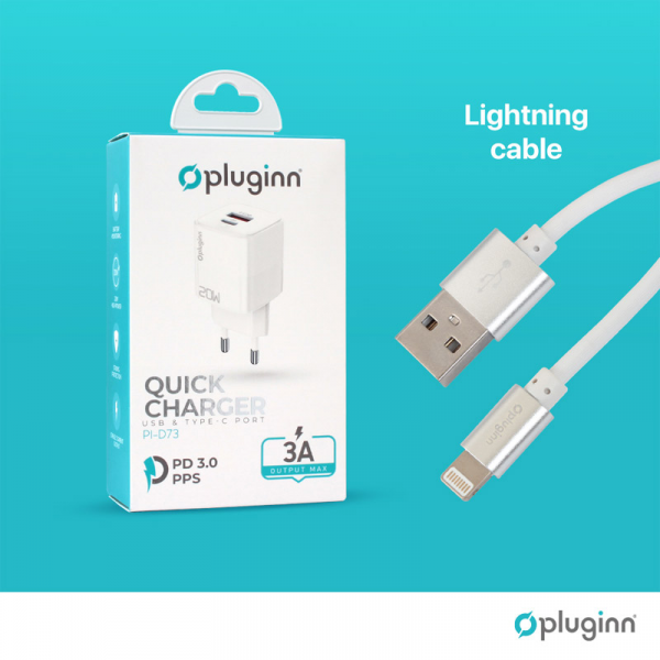 Kucni punjac Pluginn PI-D73, QC3.0 PD3.0, PPS, USB-PD 18W+20W, 38W (total) sa PD iPhone lightning kablom beli