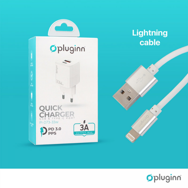 Kucni punjac Pluginn PI-D73-33w, QC3.0 PD3.0, PPS, USB-PD 20W+33W, 53W (total) sa PD iPhone lightning kablom beli
