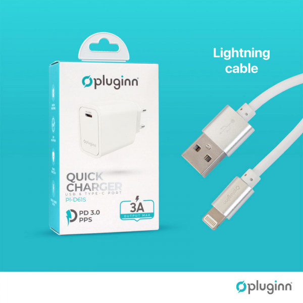 Kucni punjac Pluginn PI-D61S, PD, PD3.0, PPS, 20W sa PD iPhone lightning kablom beli