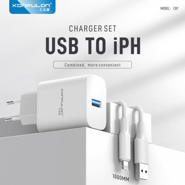Kucni punjac KONFULON C87 3A sa iPhone Lightning kablom 1m
