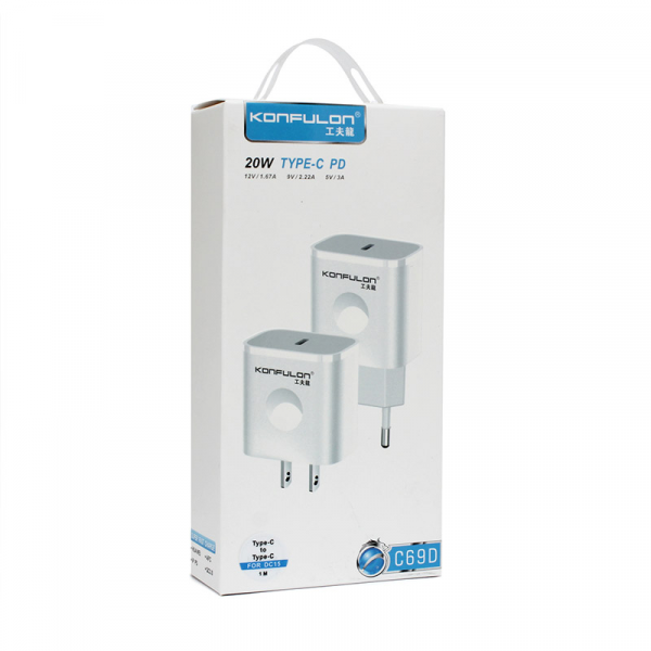 Kucni punjac KONFULON Joko C69D+DC15 PD20W sa kablom Type-C na Type-C beli 1m