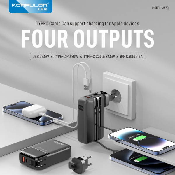 Kucni punjac KONFULON A57Q 20W sa Power Bank baterijom 20000mAh i 2u1 kablom crni