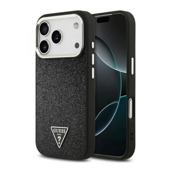 Maska Case Guess Glitter Triangle Logo MagSafe za iPhone 17 Pro crna