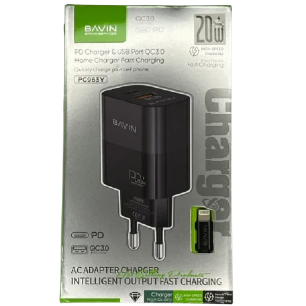 Bavin punjač 20W PD  Usb A/Type C + kabl C-IOS  PC963Y-PD crna