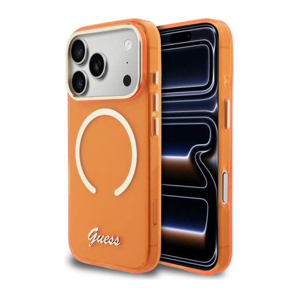 Maska Guess IML Script Metal MagSafe za iPhone 17 Pro narandzasta