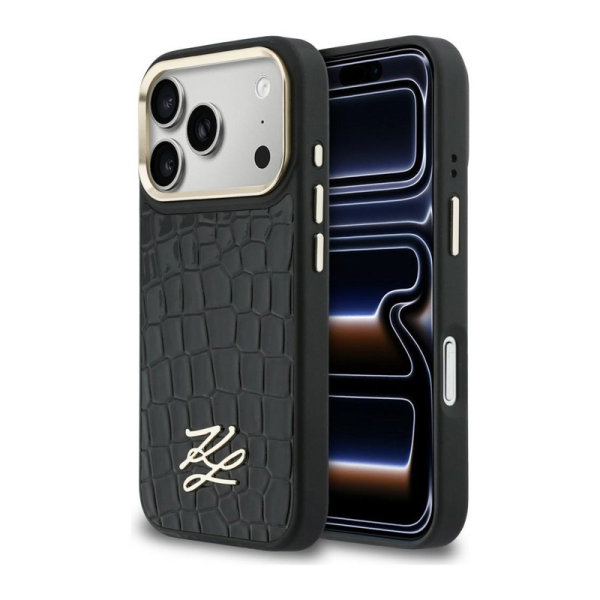 Maska Karl Lagerfeld Croco KL Script Logo MagSafe za iPhone 17 Pro crna