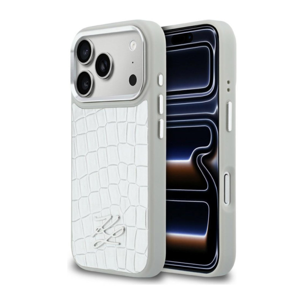 Maska Karl Lagerfeld Croco KL Script Logo MagSafe za iPhone 17 Pro Max srebrna