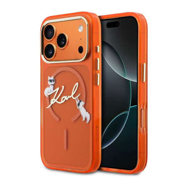 Maska Karl Lagerfeld IML Choupettes Karl Script Logo MagSafe za iPhone 17 Pro narandzasta