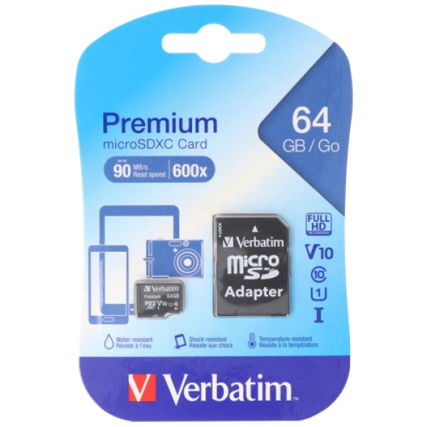 VERBATIM 64GB microSDXC, 90mb/s, class 10, U1, + adapter (Premium serija)