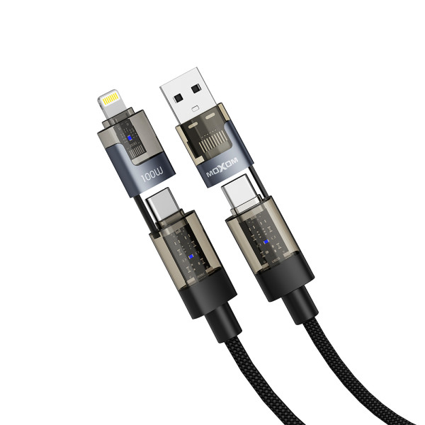 USB data kabal Moxom 4 u 1 Type C na Type C/Lightning, USB na Type C/lightning MX-CB364 100W 1m crni