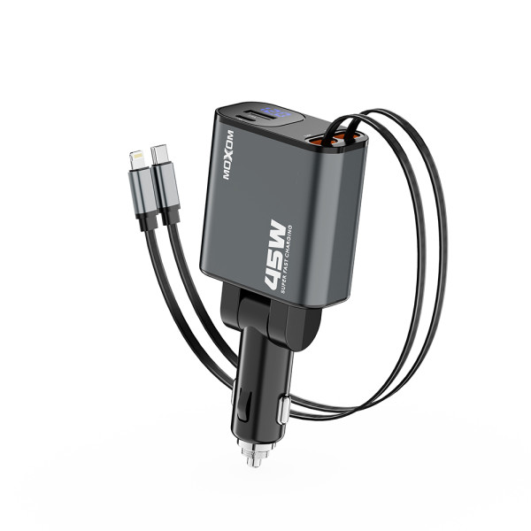 Auto punjac Moxom MX-VC53 USB & Type C output  + Type C & lightning cable output 45W crni
