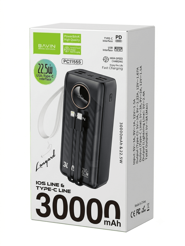 Bavin Power Bank 30000 mAh 22.5W type USB A + type C crna