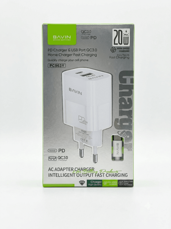 Bavin punjač 20W PD  Usb A/Type C + kabl C-C  PC963Y-CC bela