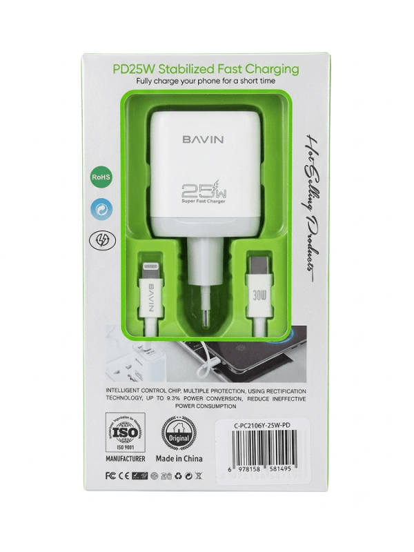 Bavin punjač 25W PD Type C + kabl Type Lightning PC2106Y bela