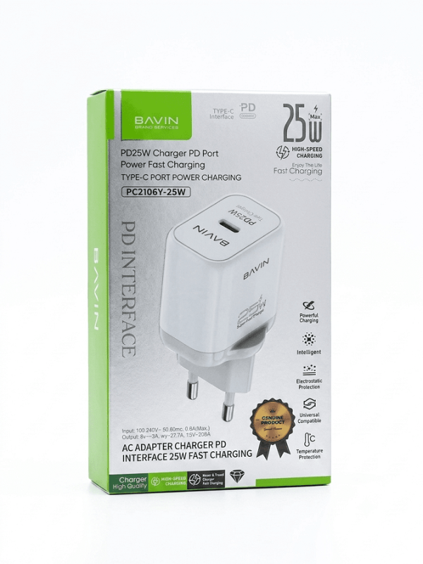 Bavin punjač 25W PD Type C + kabl Type C PC2106Y bela