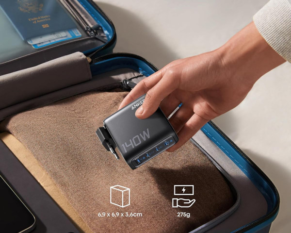 ANKER 140W GaN zidni brzi punjač, 4-porta (3x USB-C, 1x USB-A) sa USB-C MM pletenim kablom, tamno sivi