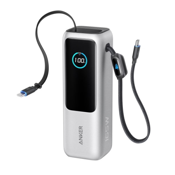 ANKER 25000mAh, 165W, sa ugrađenim USB-C kablom na izvlačenje, Power Bank za laptop srebrni