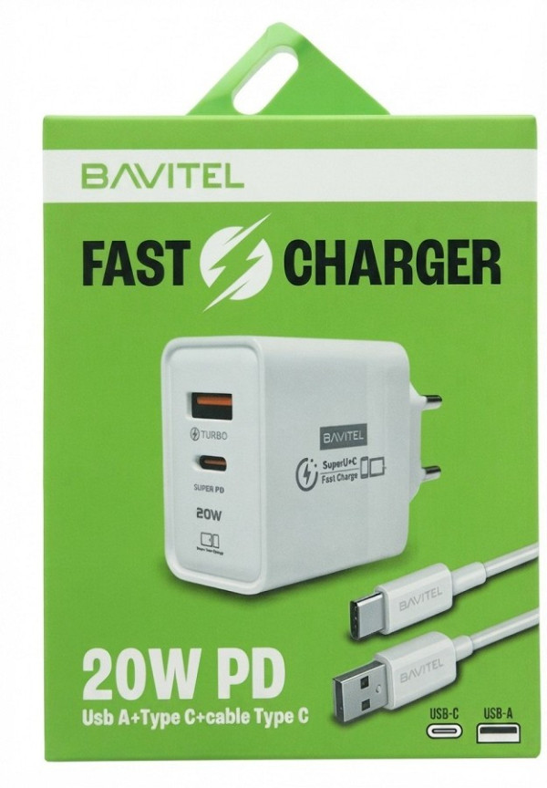 Bavitel punjač 20W PD Usb A+ Type C +kabl Usb A/ Type C bela