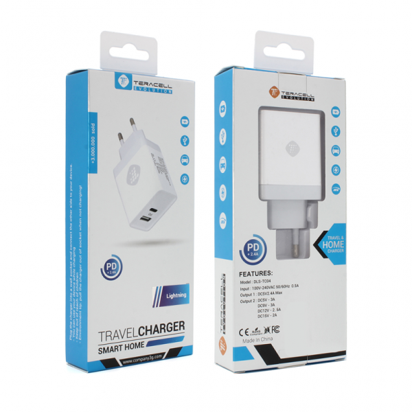 Kucni punjac Teracell Evolution TC-04 USB+PD 2.4A 30W sa PD iPhone lightning kablom beli