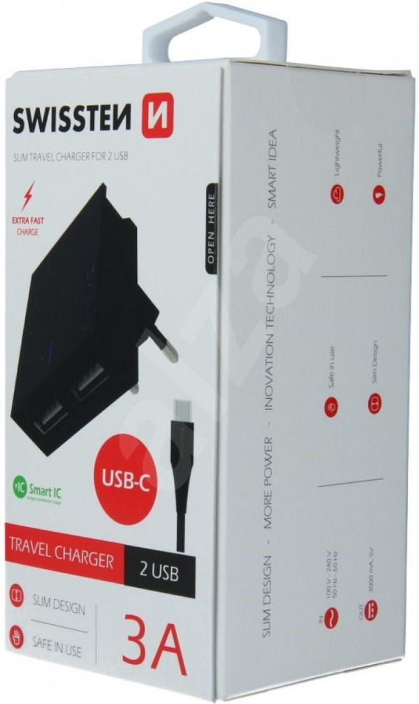 Swissten punjač 2x USB 3A+ kabl Type C 1,2m crna