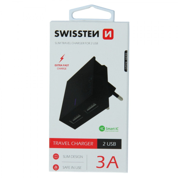Swissten punjač 2x USB 3A crna