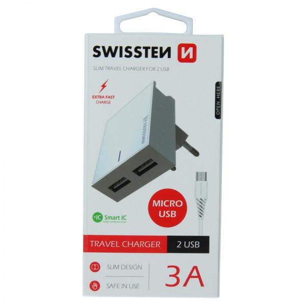 Swissten punjač 2x USB 3A+ kabl micro  USB 1,2m bela