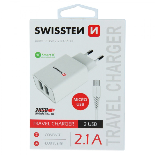 Swissten punjač 2x USB 2,1A+ kabl micro USB 1,2m bela
