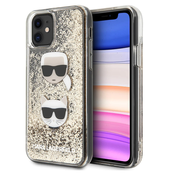 Torbica Karl Lagerfeld HC Liquid Glitter 2 Heads za iPhone 11 6.1 zlatna beli logo (KLHCN61KICGLD)