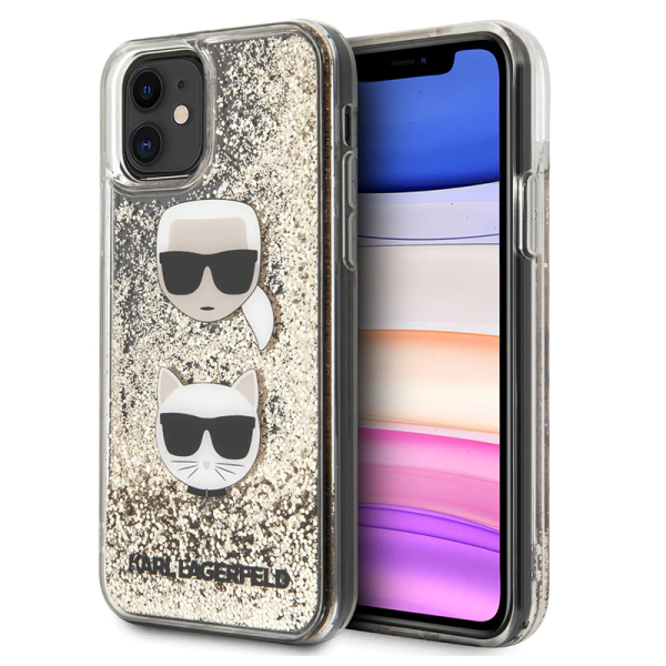 Torbica Karl Lagerfeld HC Liquid Glitter 2 Heads za iPhone 11 6.1 zlatna crni logo (KLHCN61KCGLGO)